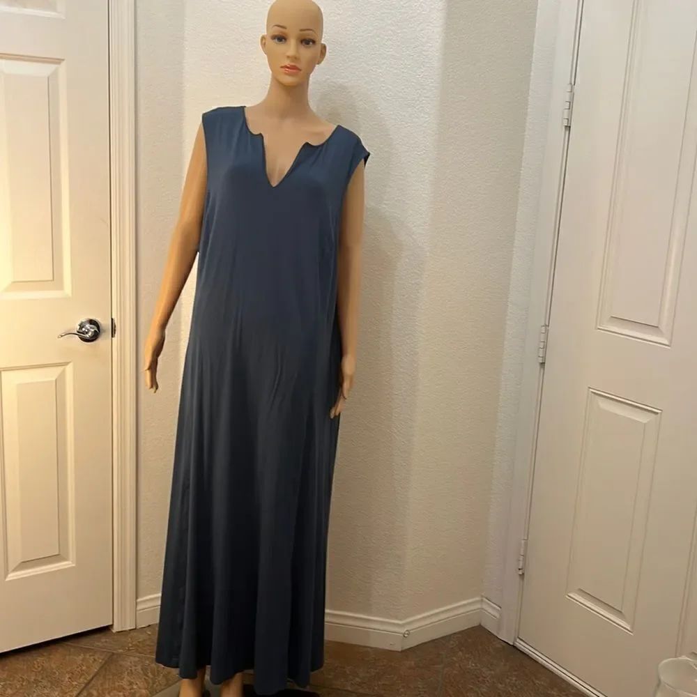J Jill Dress Navy Blue Maxi V Neck Short Sleeve XLarge